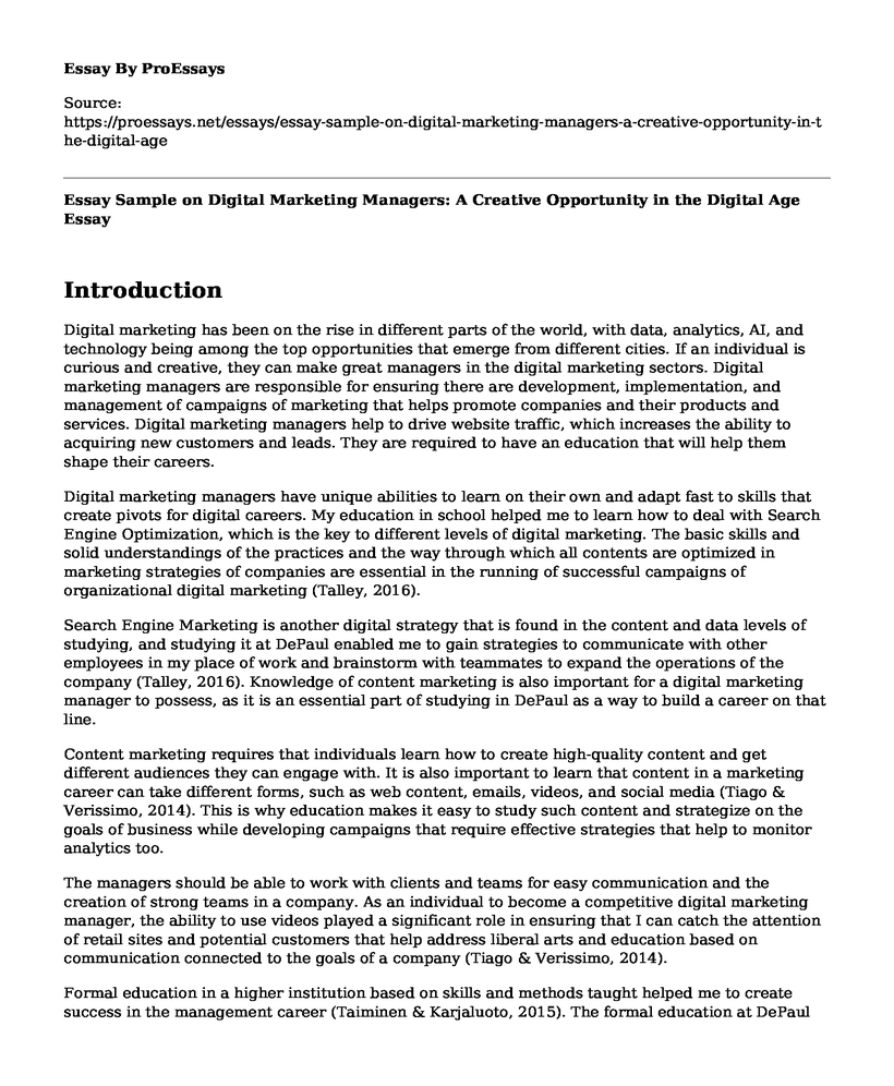 Essay Sample on Digital Marketing Managers: A Creative Opportunity in the Digital Age