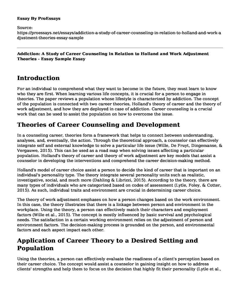 Addiction: A Study of Career Counseling in Relation to Holland and Work Adjustment Theories - Essay Sample