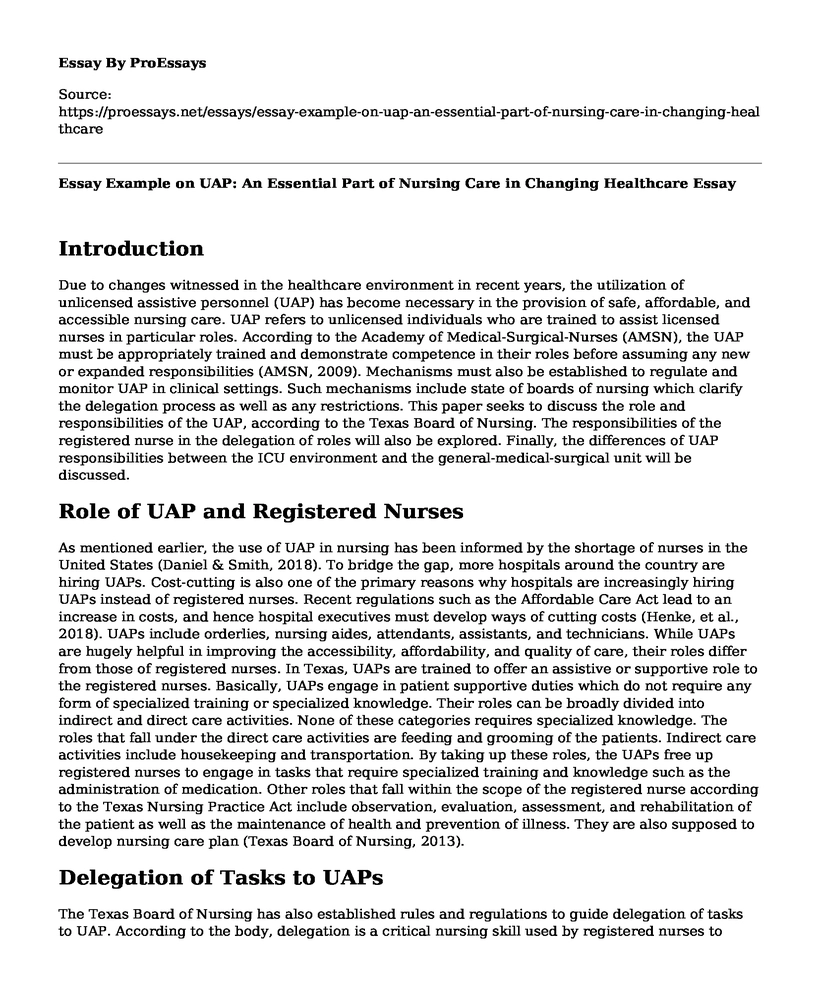 Essay Example on UAP: An Essential Part of Nursing Care in Changing Healthcare