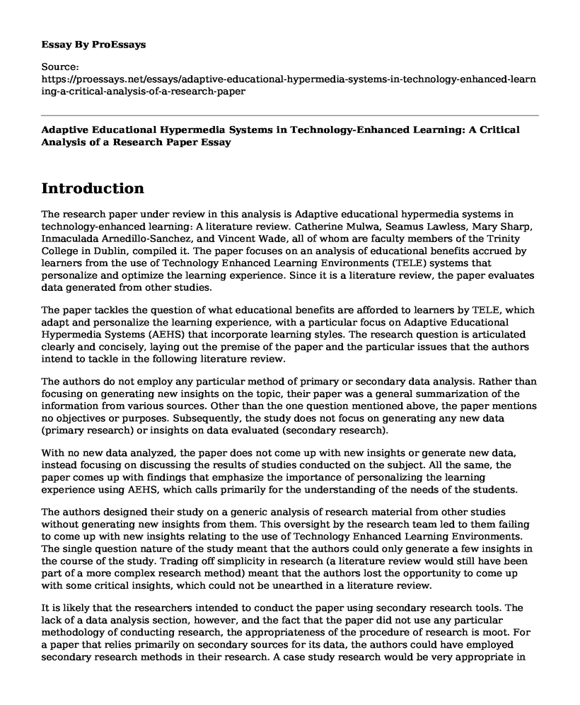 Adaptive Educational Hypermedia Systems in Technology-Enhanced Learning: A Critical Analysis of a Research Paper