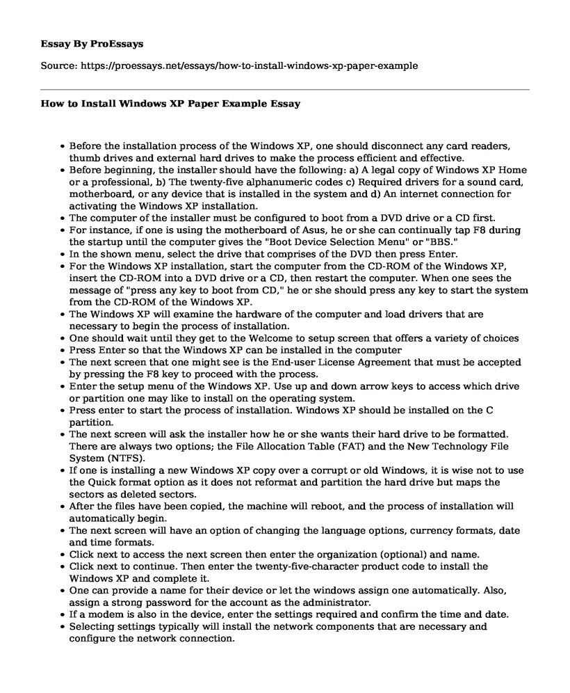 How to Install Windows XP Paper Example
