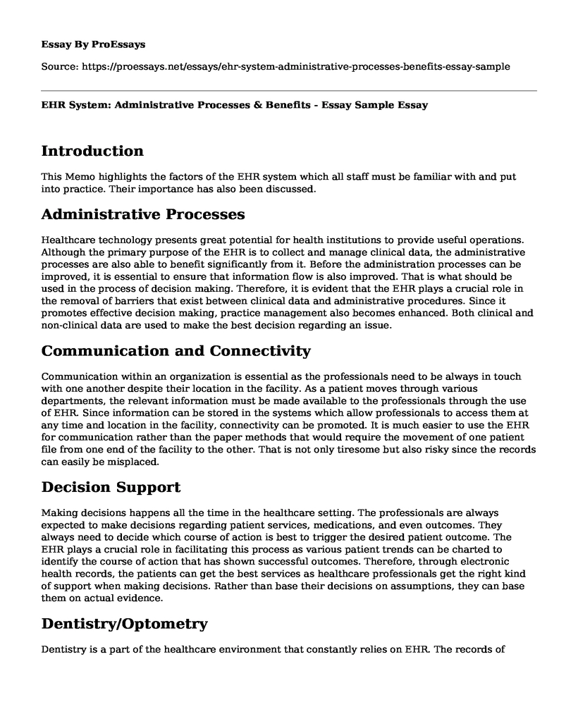 EHR System: Administrative Processes & Benefits - Essay Sample