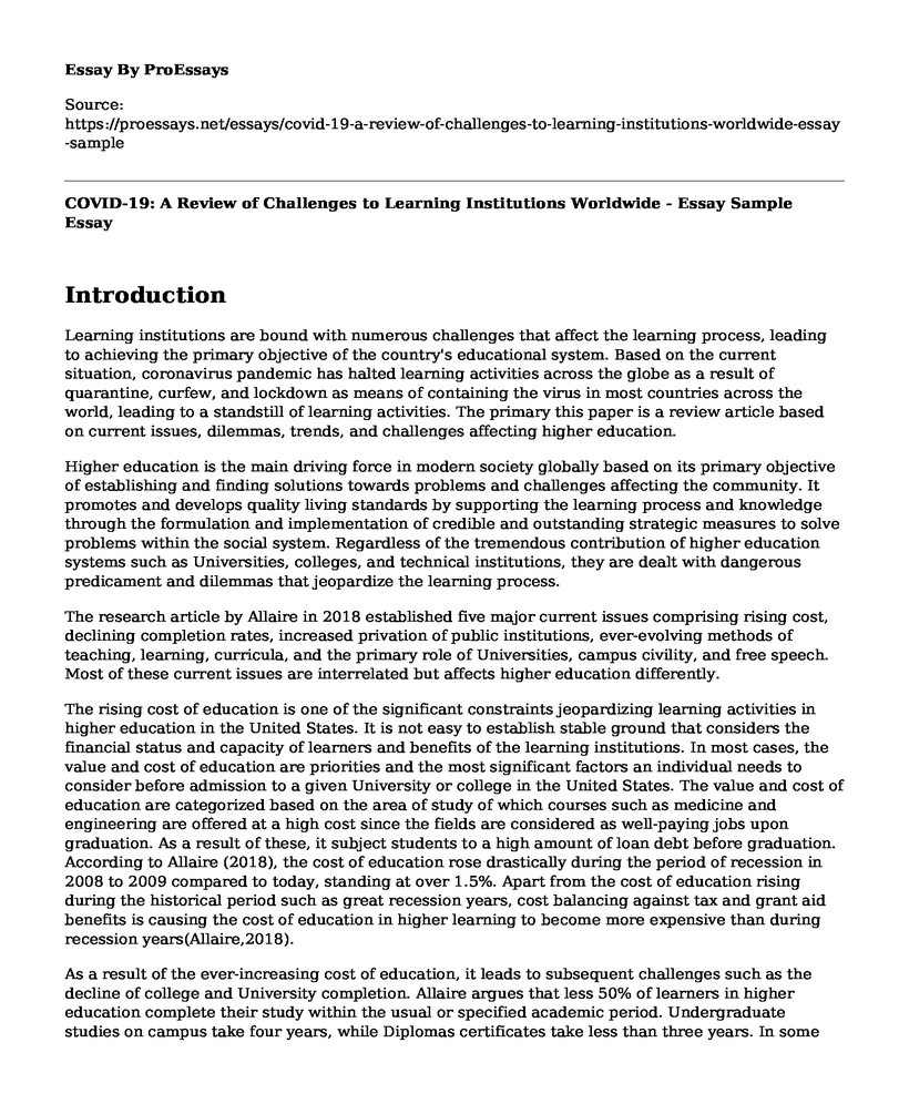 COVID-19: A Review of Challenges to Learning Institutions Worldwide - Essay Sample