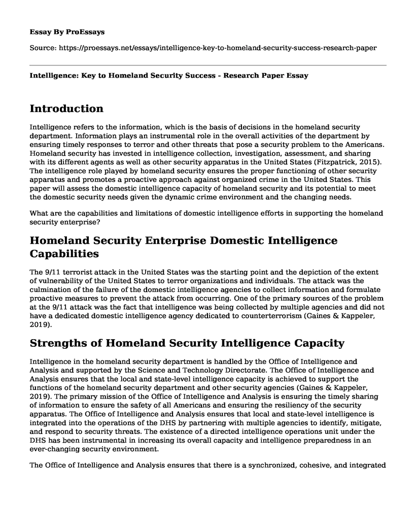Intelligence: Key to Homeland Security Success - Research Paper