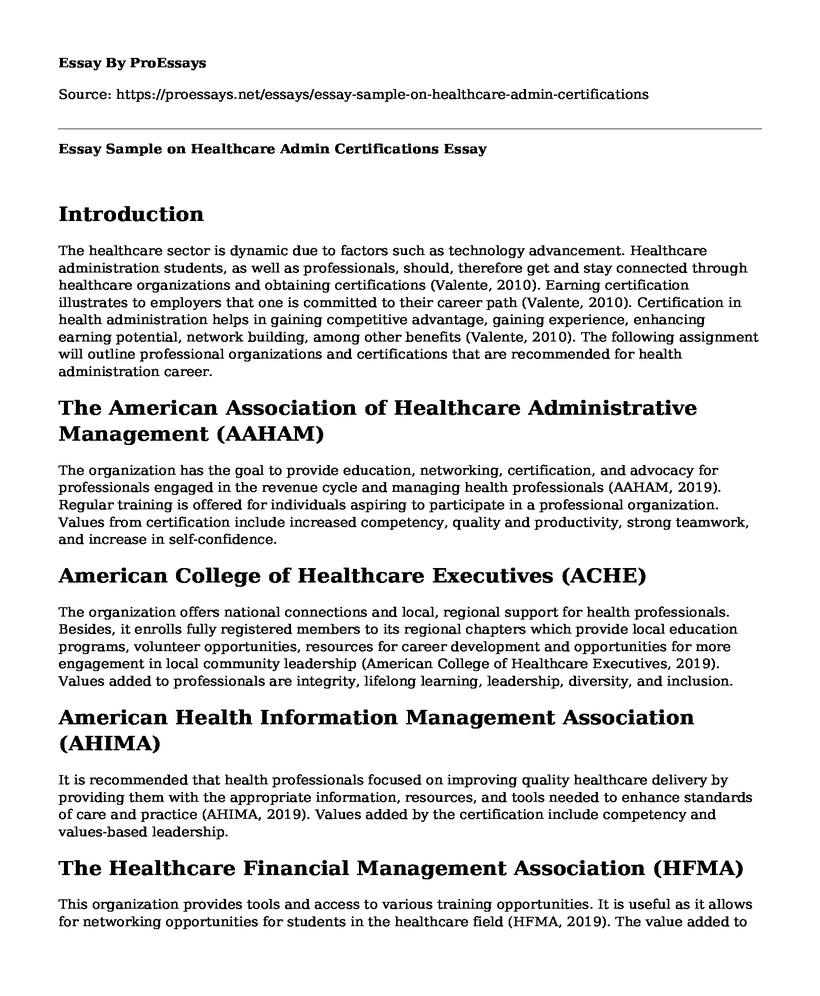 Essay Sample on Healthcare Admin Certifications