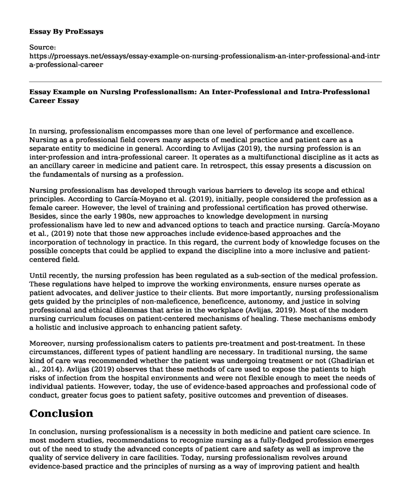 Essay Example on Nursing Professionalism: An Inter-Professional and Intra-Professional Career