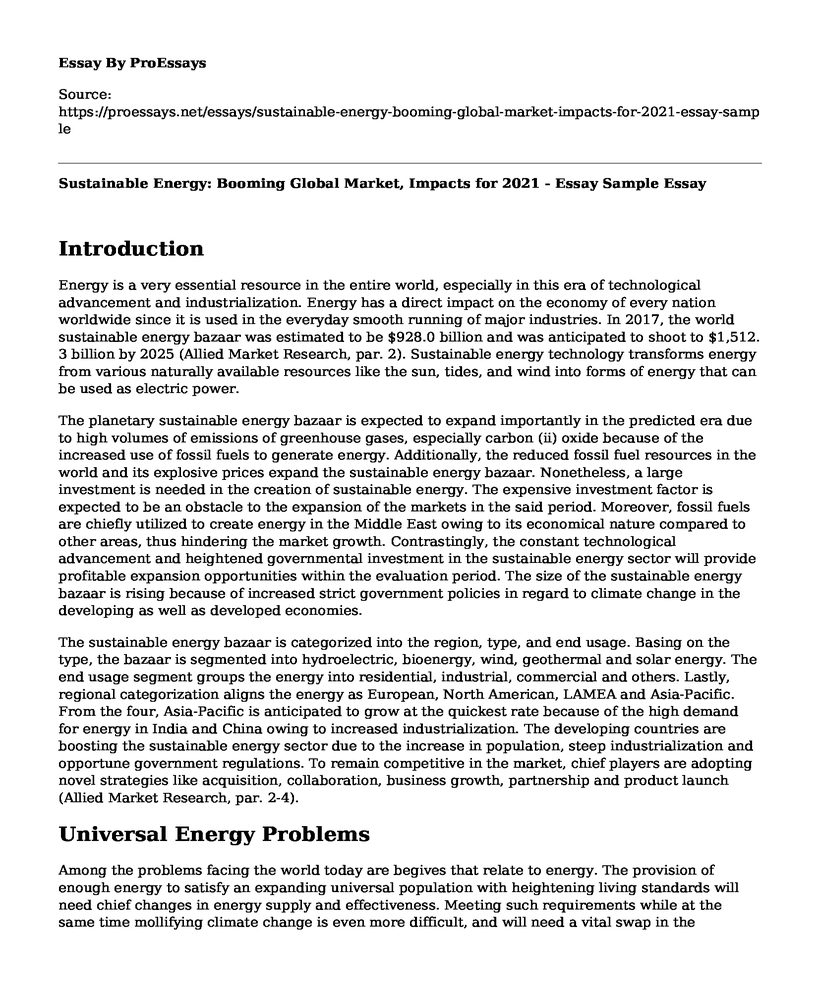 Sustainable Energy: Booming Global Market, Impacts for 2021 - Essay Sample