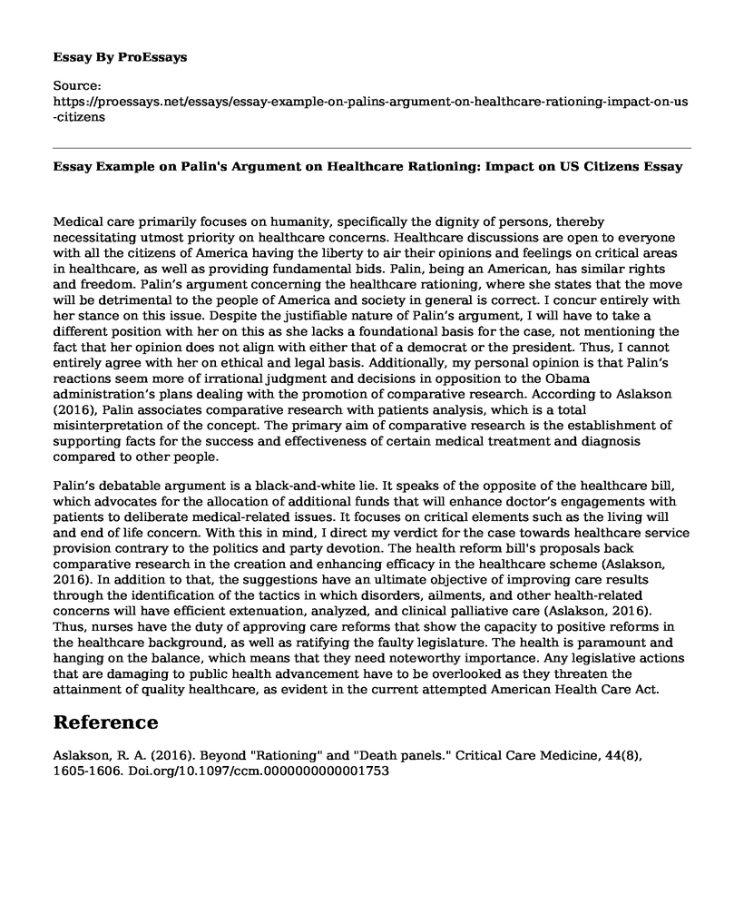 Essay Example on Palin's Argument on Healthcare Rationing: Impact on US Citizens