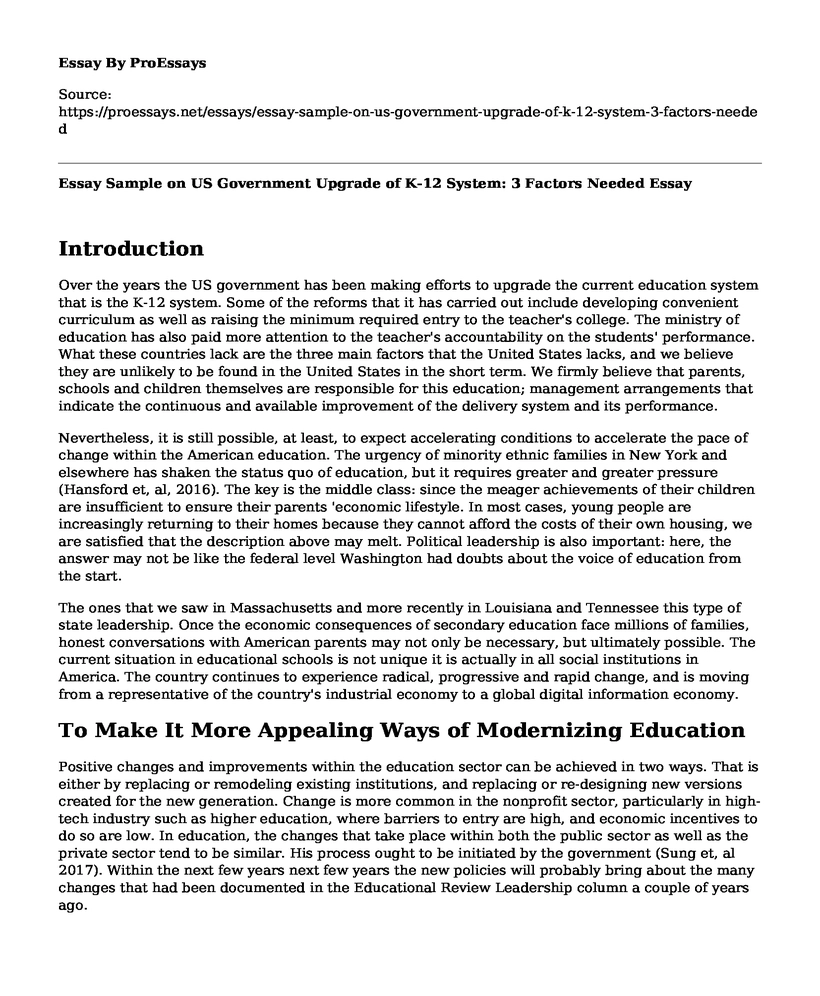 Essay Sample on US Government Upgrade of K-12 System: 3 Factors Needed