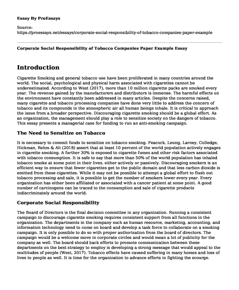 Corporate Social Responsibility of Tobacco Companies Paper Example
