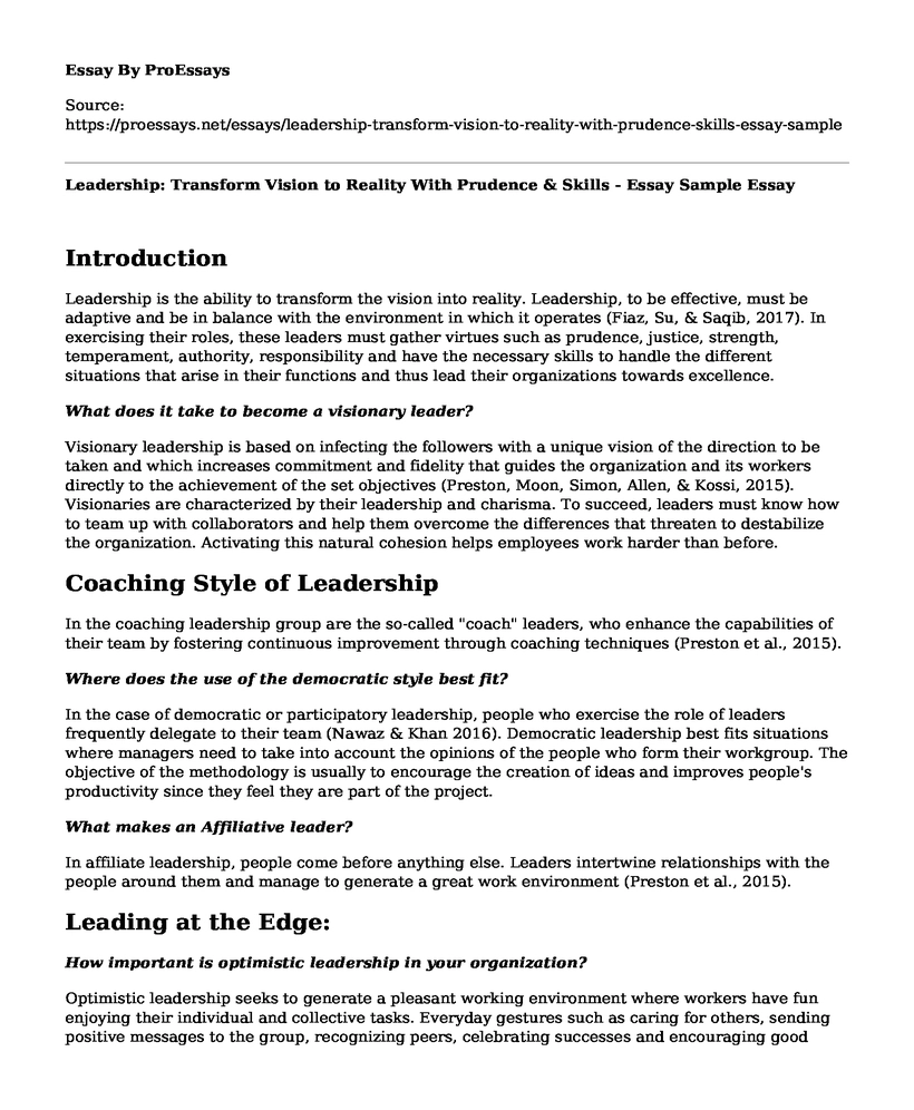 Leadership: Transform Vision to Reality With Prudence & Skills - Essay Sample