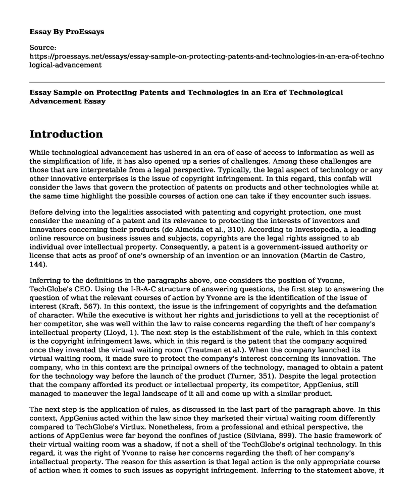 Essay Sample on Protecting Patents and Technologies in an Era of Technological Advancement