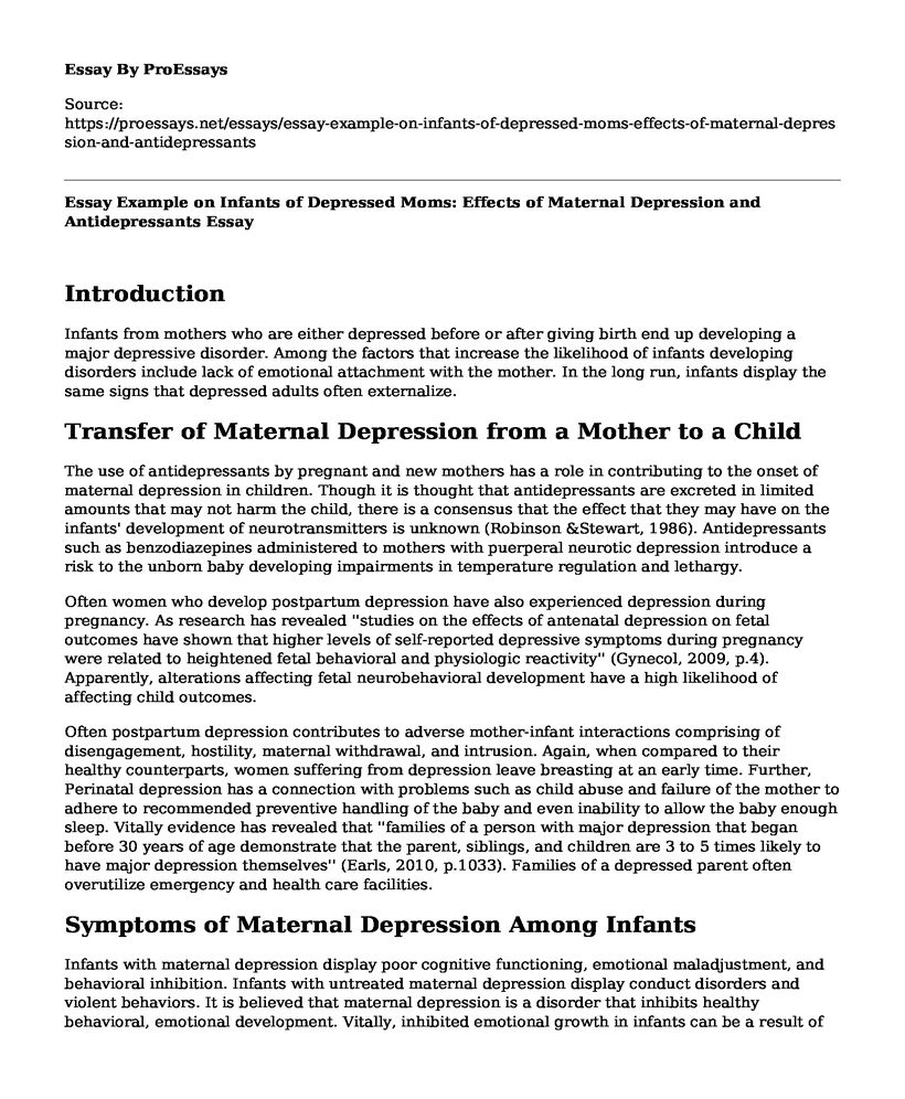 Essay Example on Infants of Depressed Moms: Effects of Maternal Depression and Antidepressants