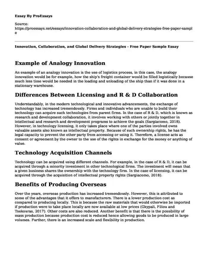 Innovation, Collaboration, and Global Delivery Strategies - Free Paper Sample