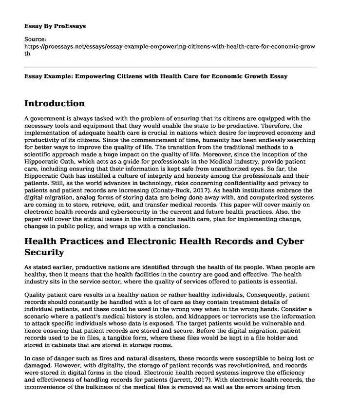 Essay Example: Empowering Citizens with Health Care for Economic Growth