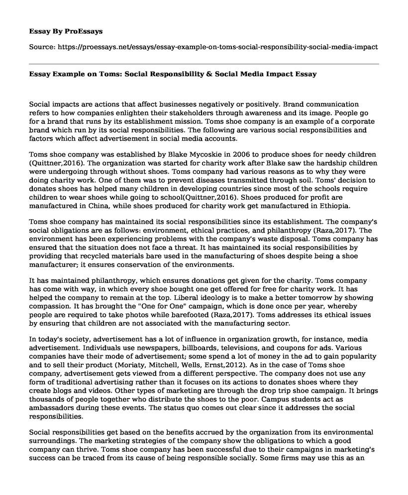 Essay Example on Toms: Social Responsibility & Social Media Impact