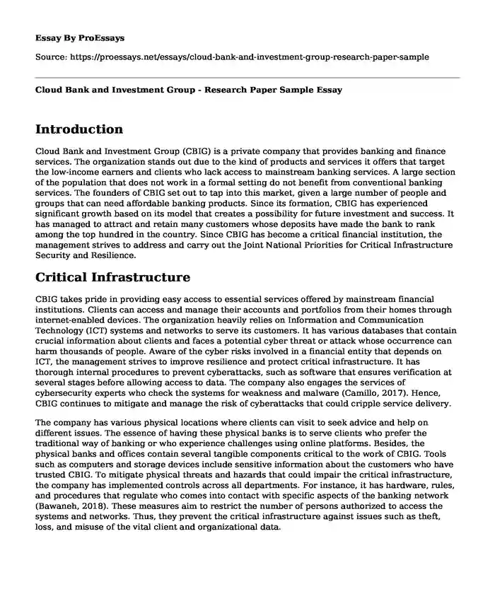 Cloud Bank and Investment Group - Research Paper Sample