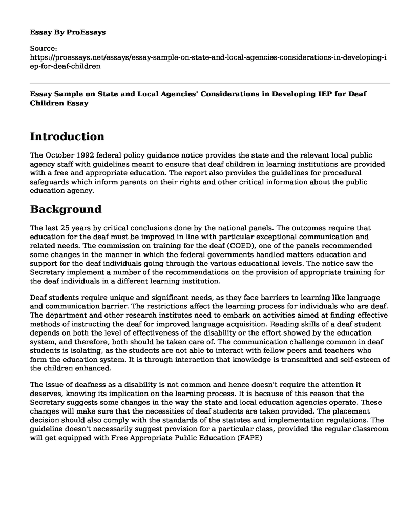Essay Sample on State and Local Agencies' Considerations in Developing IEP for Deaf Children