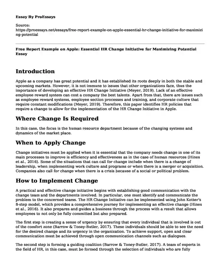 Free Report Example on Apple: Essential HR Change Initiative for Maximizing Potential