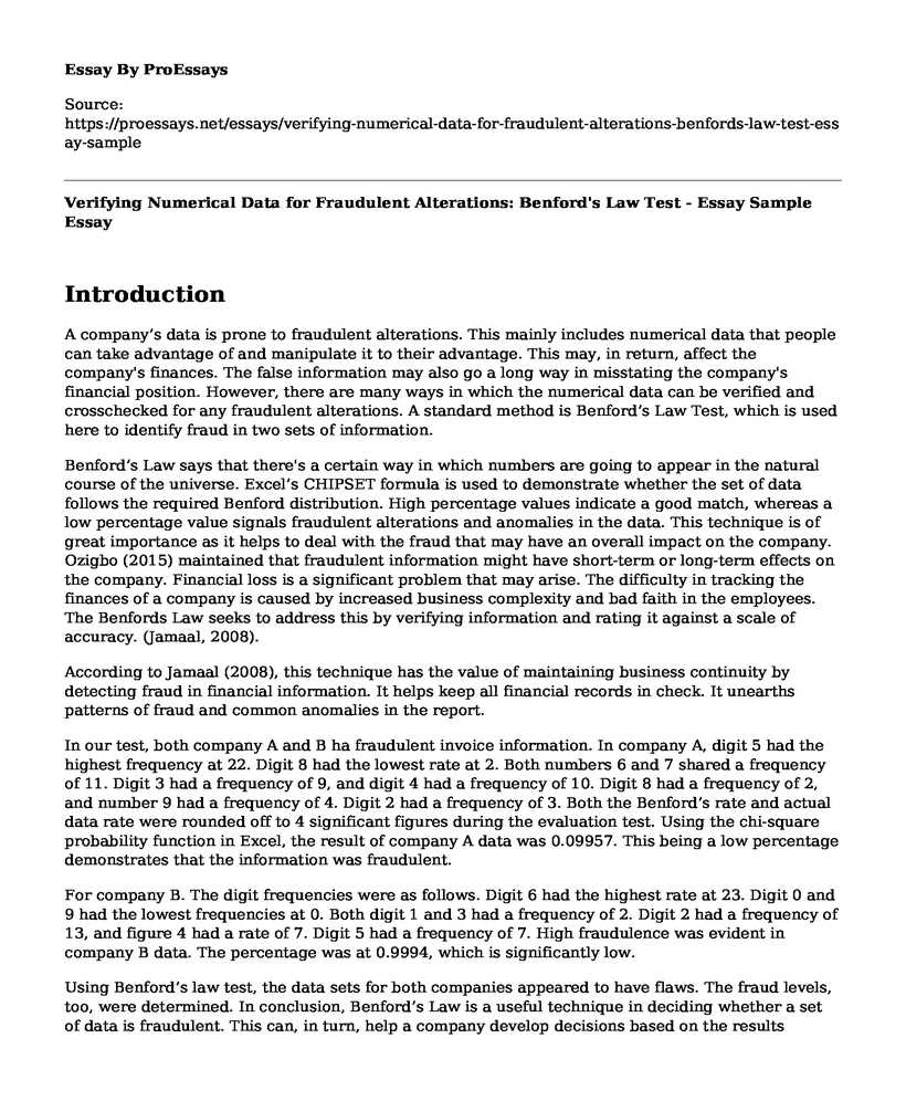 Verifying Numerical Data for Fraudulent Alterations: Benford's Law Test - Essay Sample