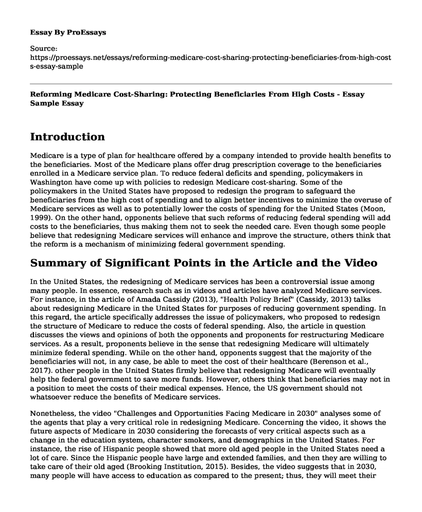 Reforming Medicare Cost-Sharing: Protecting Beneficiaries From High Costs - Essay Sample