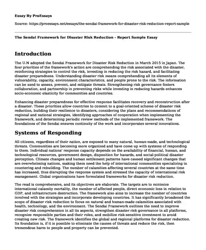 The Sendai Framework for Disaster Risk Reduction - Report Sample