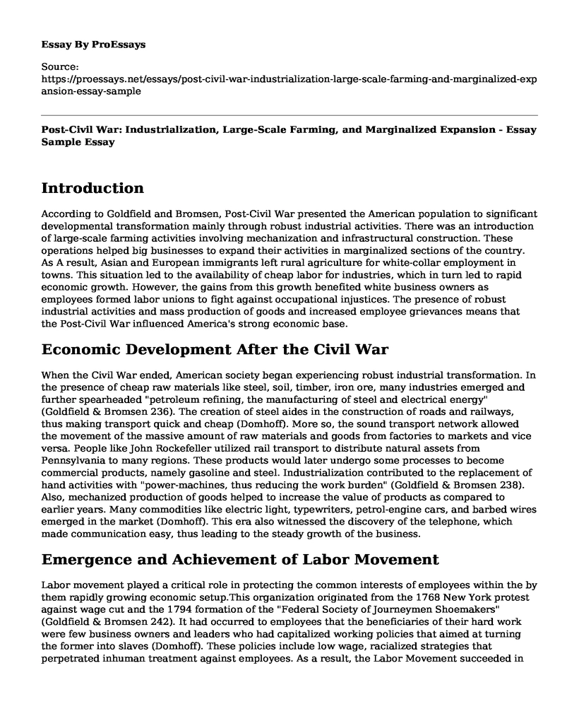 Post-Civil War: Industrialization, Large-Scale Farming, and Marginalized Expansion - Essay Sample