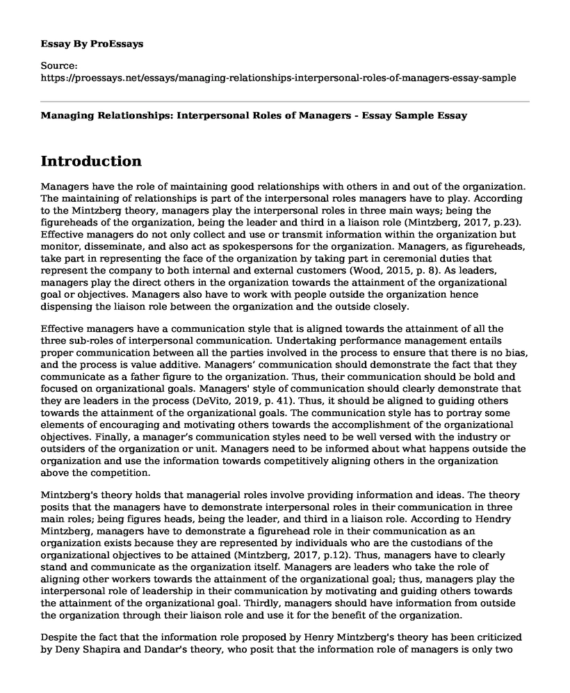 Managing Relationships: Interpersonal Roles of Managers - Essay Sample
