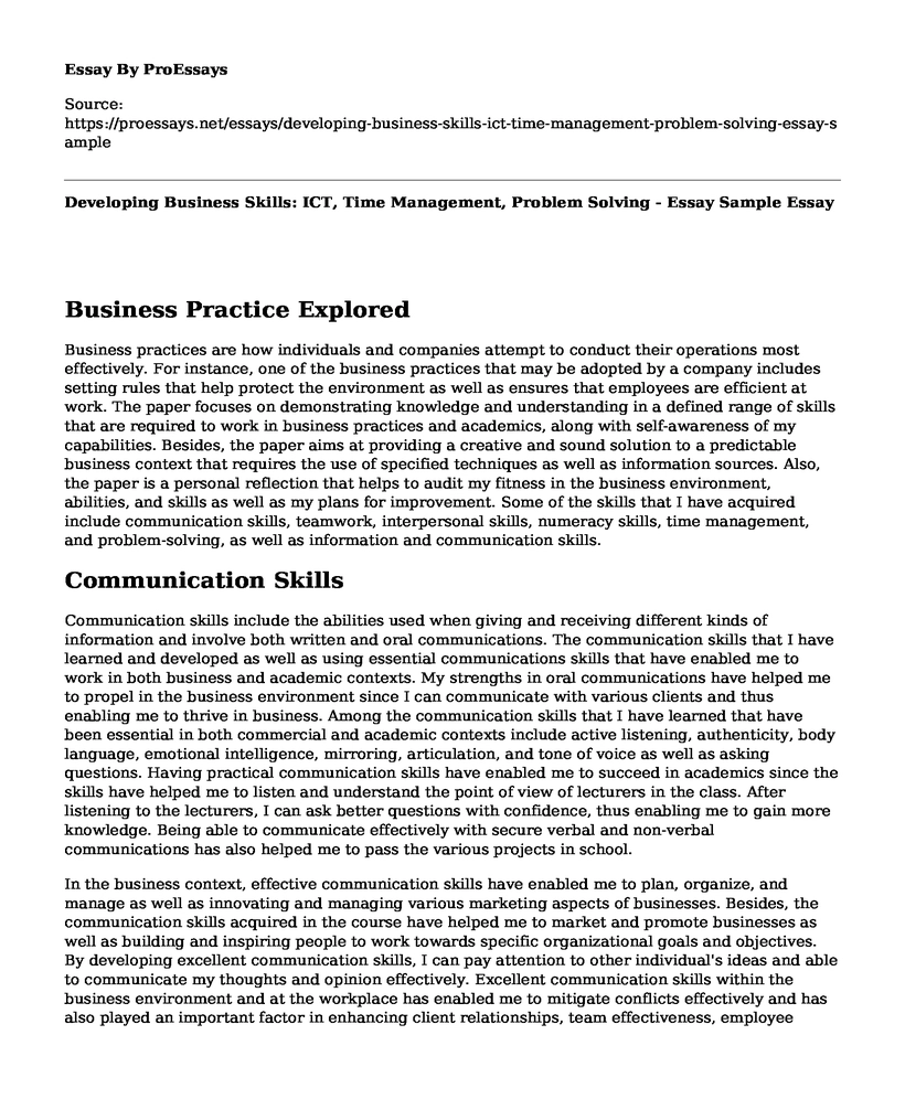 Developing Business Skills: ICT, Time Management, Problem Solving - Essay Sample