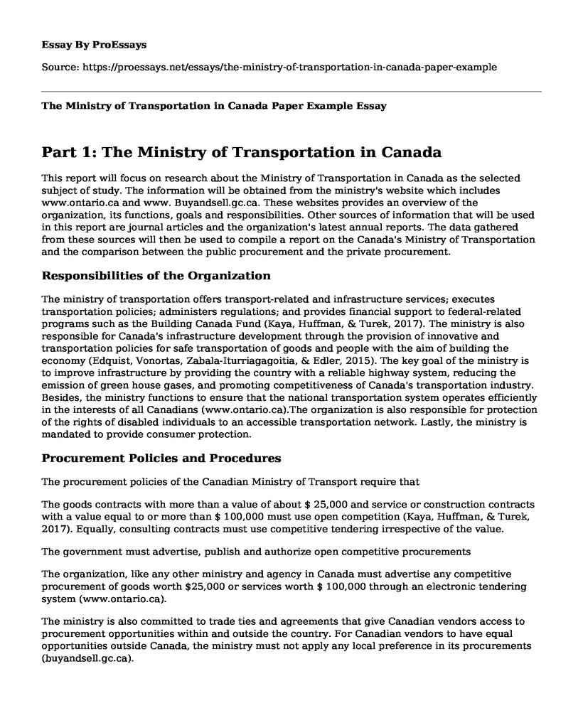 The Ministry of Transportation in Canada Paper Example