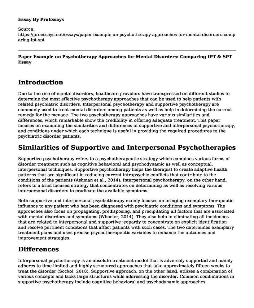 Paper Example on Psychotherapy Approaches for Mental Disorders: Comparing IPT & SPT