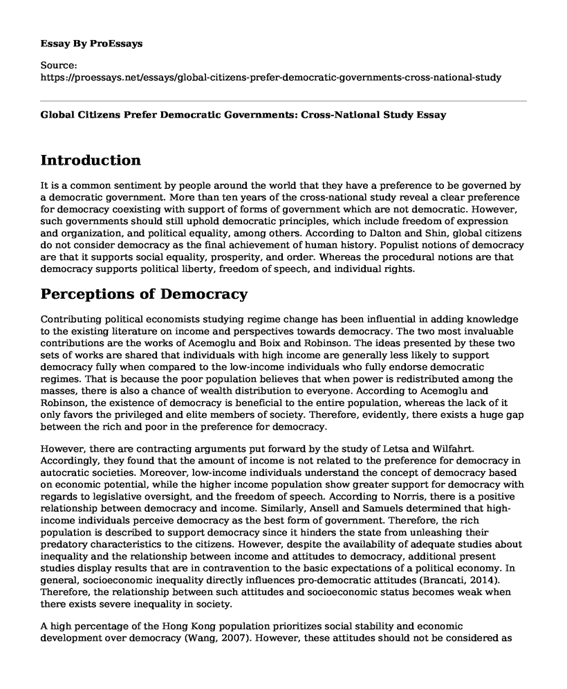 Global Citizens Prefer Democratic Governments: Cross-National Study