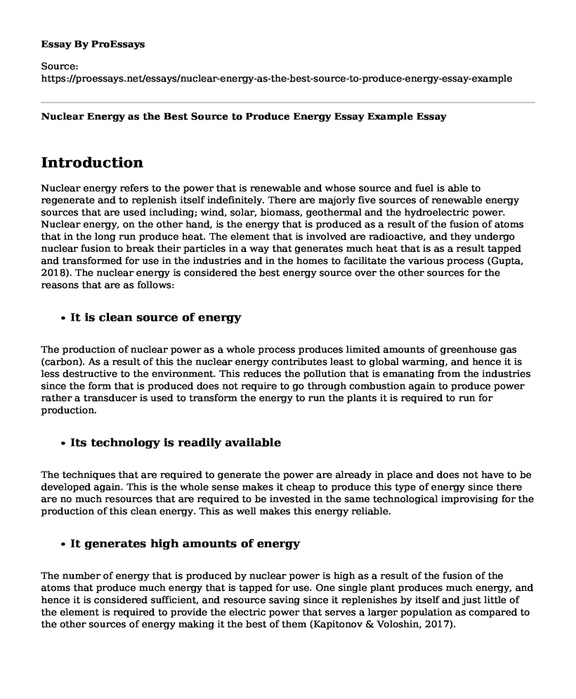 Nuclear Energy as the Best Source to Produce Energy Essay Example