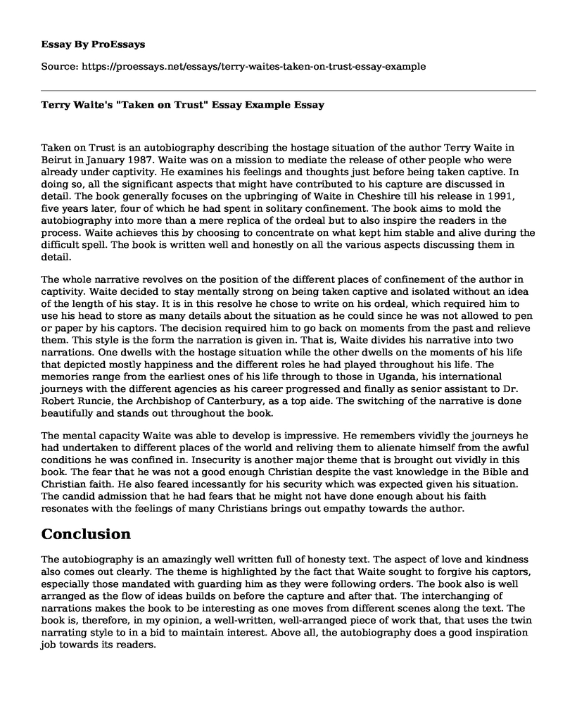 Terry Waite's "Taken on Trust" Essay Example