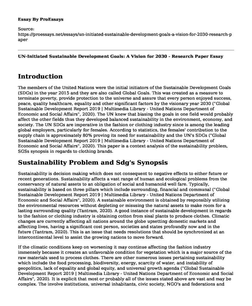 UN-Initiated Sustainable Development Goals: A Vision for 2030 - Research Paper