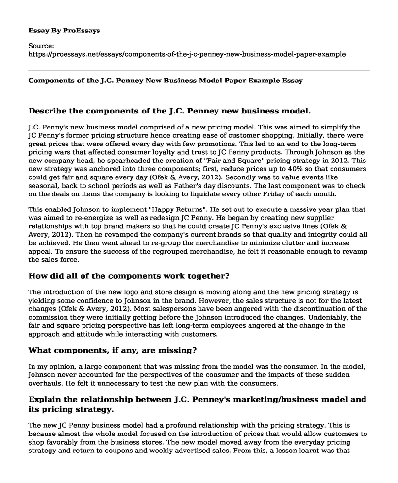 Components of the J.C. Penney New Business Model Paper Example