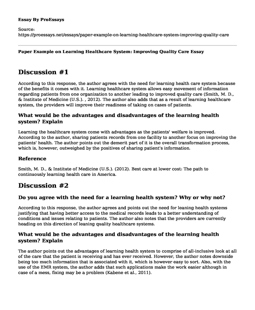 Paper Example on Learning Healthcare System: Improving Quality Care