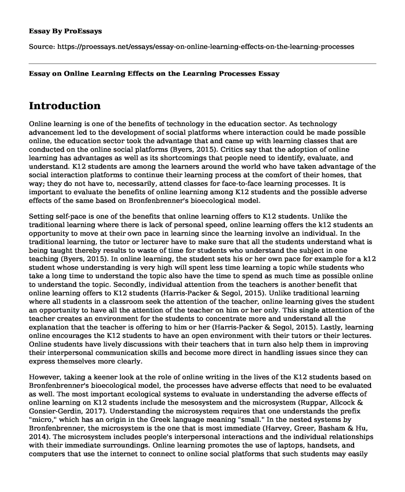 Essay on Online Learning Effects on the Learning Processes