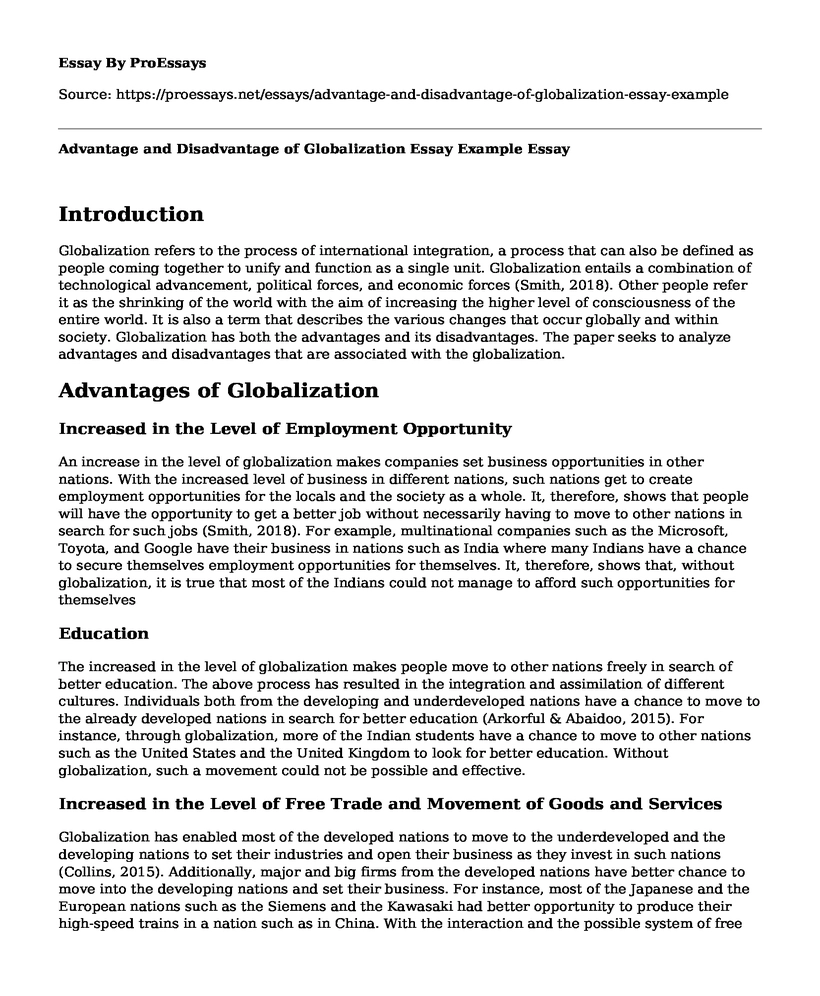 Advantage and Disadvantage of Globalization Essay Example
