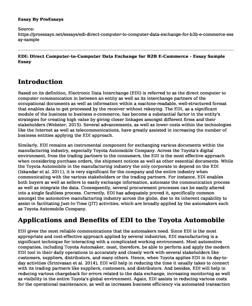 EDI: Direct Computer-to-Computer Data Exchange for B2B E-Commerce - Essay Sample