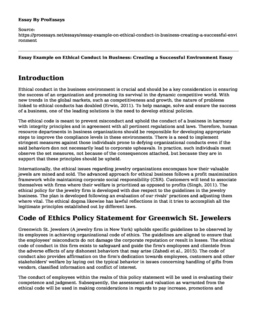 Essay Example on Ethical Conduct in Business: Creating a Successful Environment