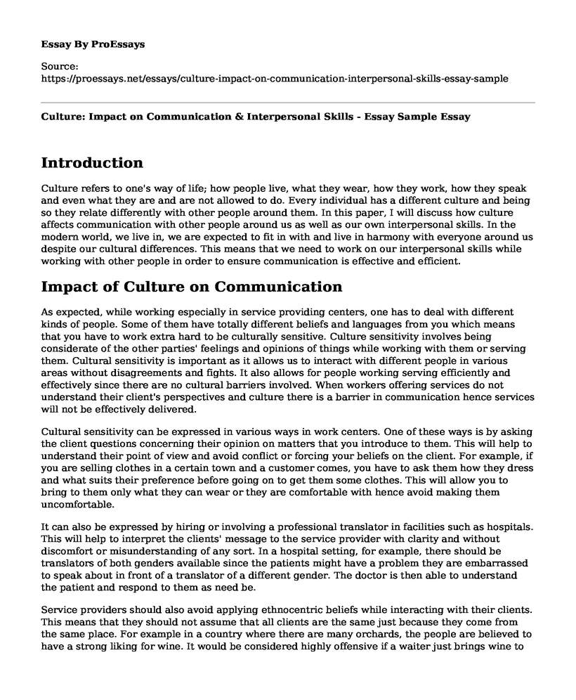 Culture: Impact on Communication & Interpersonal Skills - Essay Sample