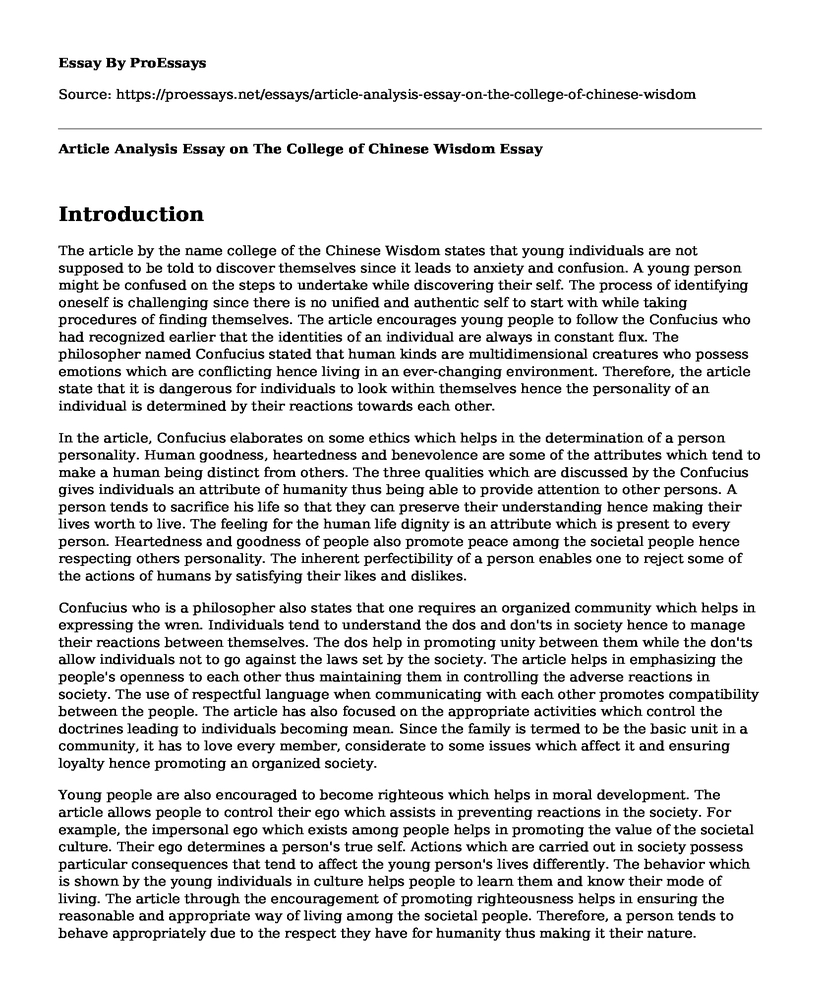 Article Analysis Essay on The College of Chinese Wisdom