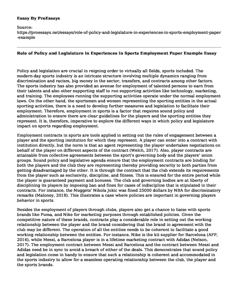 Role of Policy and Legislature in Experiences in Sports Employment Paper Example