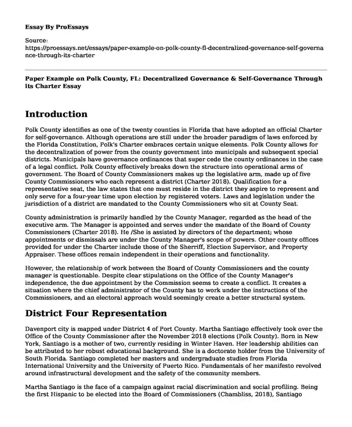 Paper Example on Polk County, FL: Decentralized Governance & Self-Governance Through its Charter