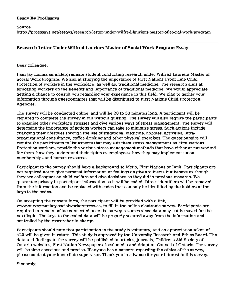 Research Letter Under Wilfred Lauriers Master of Social Work Program