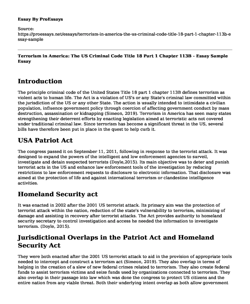Terrorism in America: The US Criminal Code Title 18 Part 1 Chapter 113B - Essay Sample