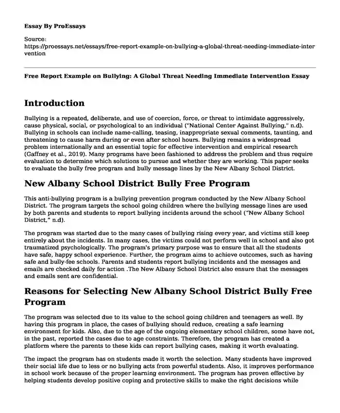 Free Report Example on Bullying: A Global Threat Needing Immediate Intervention