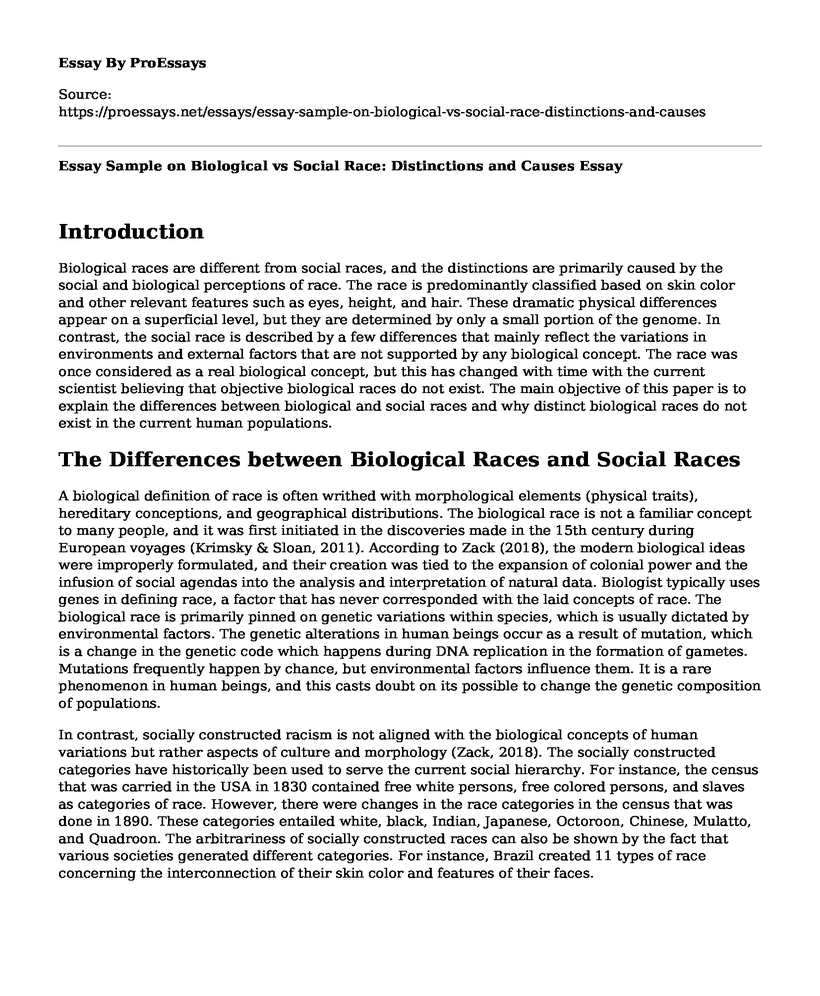Essay Sample on Biological vs Social Race: Distinctions and Causes