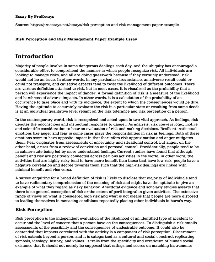 Risk Perception and Risk Management Paper Example